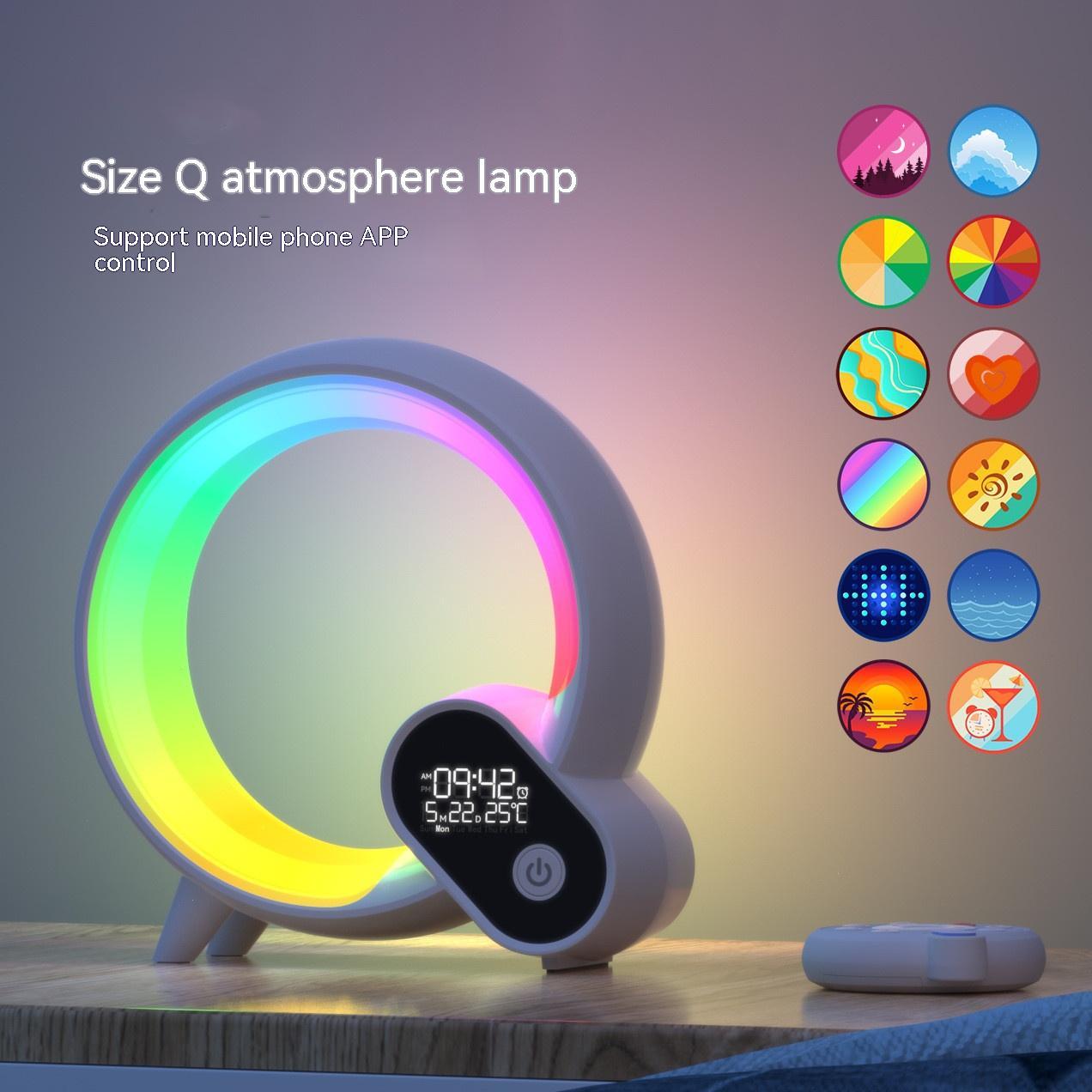 Sunrise alarm clock with Bluetooth speaker showing colorful atmosphere lamp and digital display