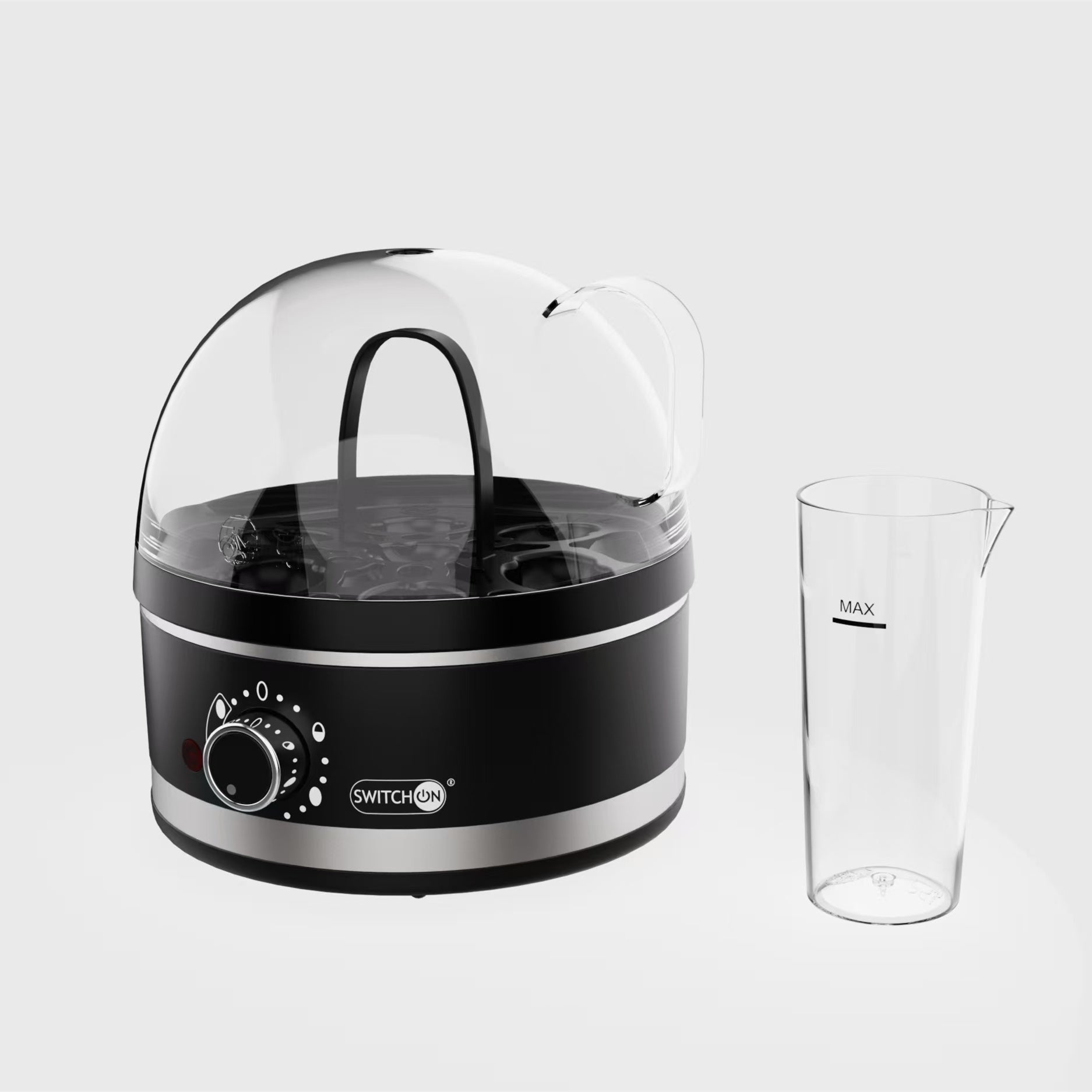 Shopi Vella portable steam appliance for cleaning with black base and clear dome lid alongside transparent measuring cup