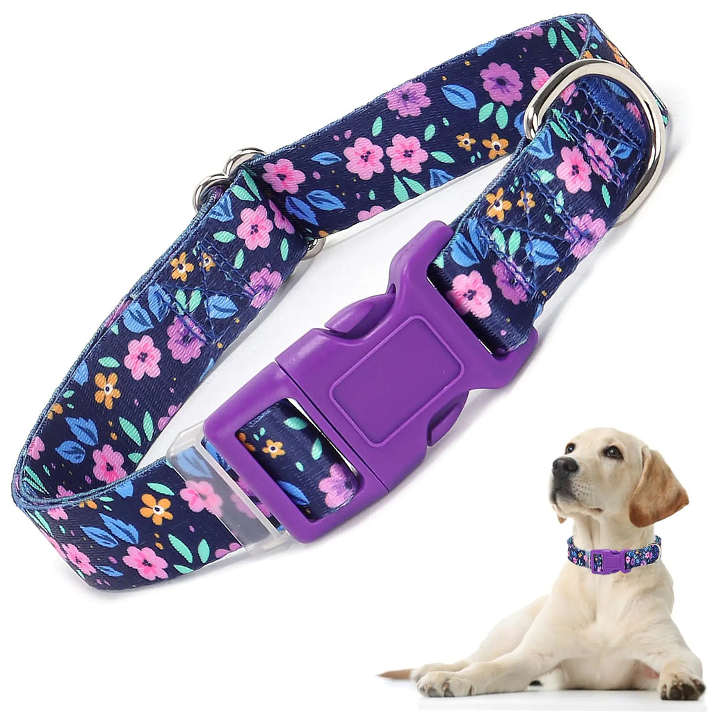 Dog Collar with Purple Flowers Patterns Cute Girl & Boy Dog Collar Adjustable Soft Durable Pet Collar for XS Small Medium Large Dogs (Purple Flowers S)