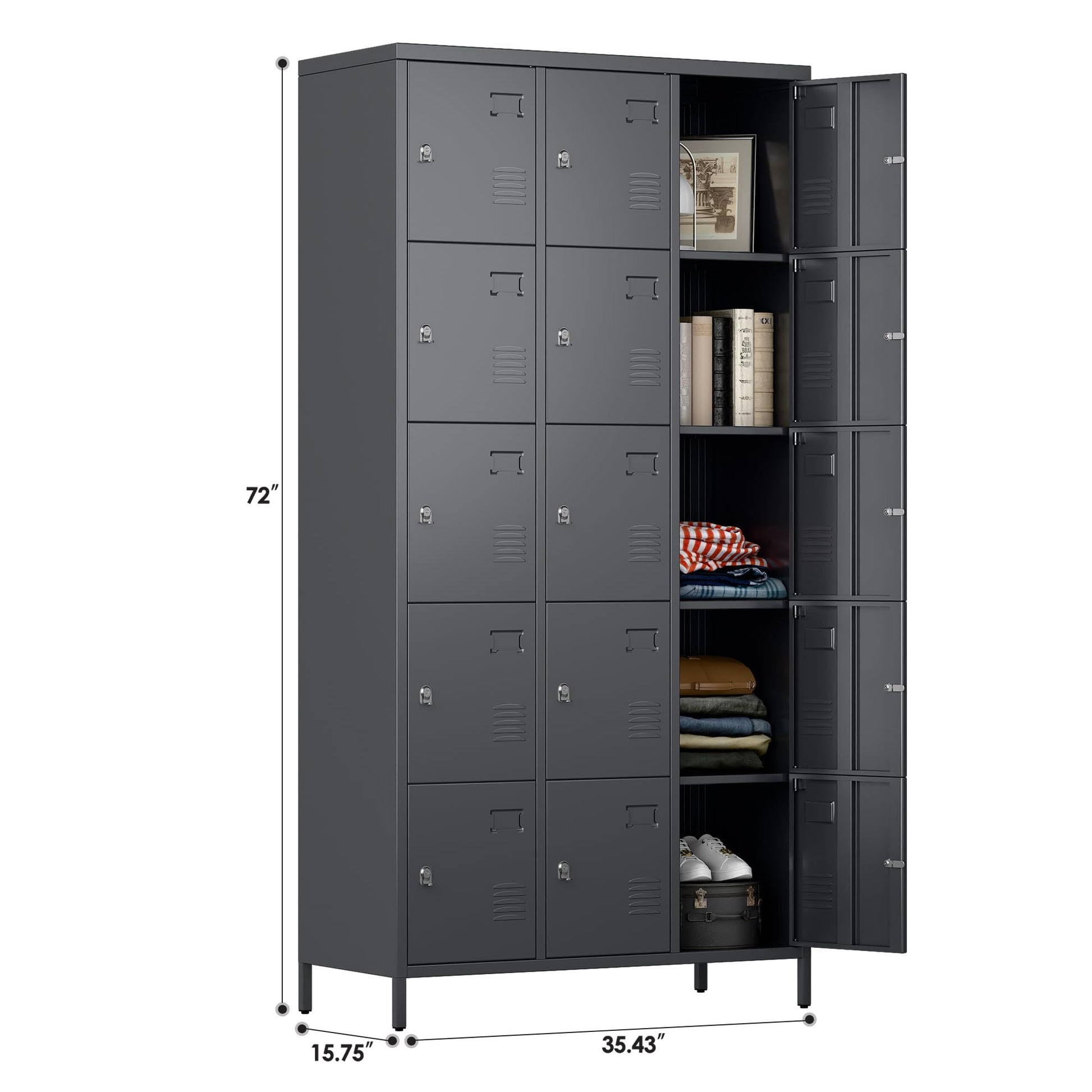 Gray metal employee lockers for office with 12 compartments and open doors showing stored items