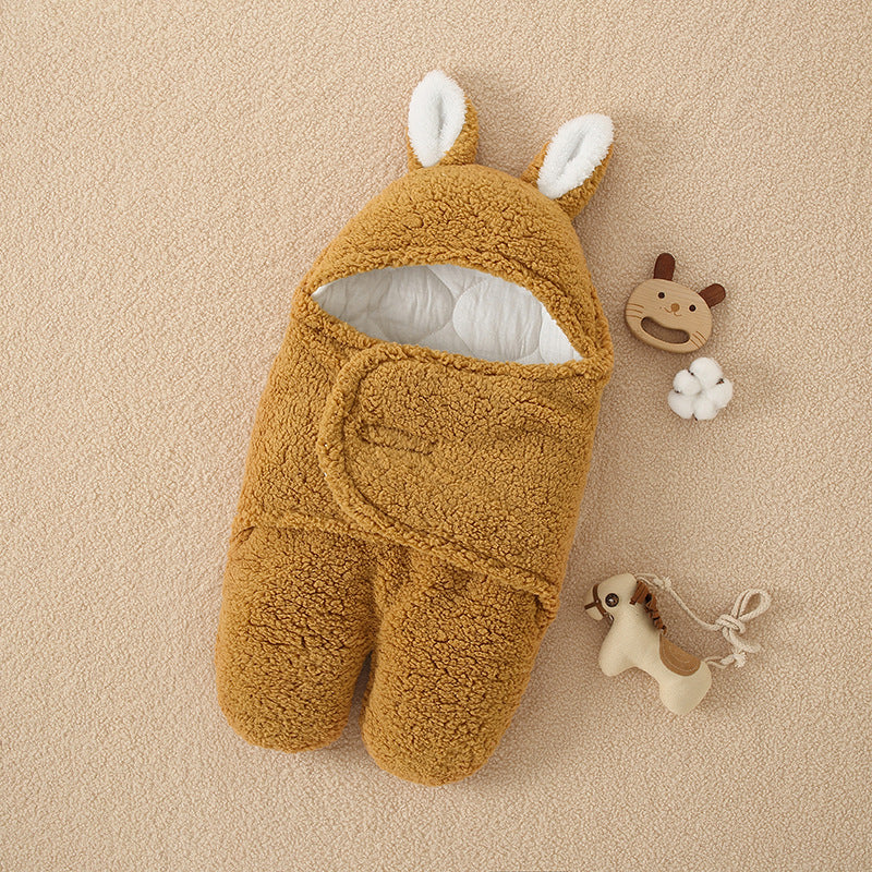 Shopi Vella thick winter baby quilt in brown teddy bear design with hood and ears on beige background