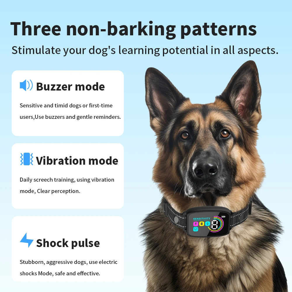 German Shepherd wearing rechargeable bark stopper for dogs with buzzer vibration and shock pulse modes