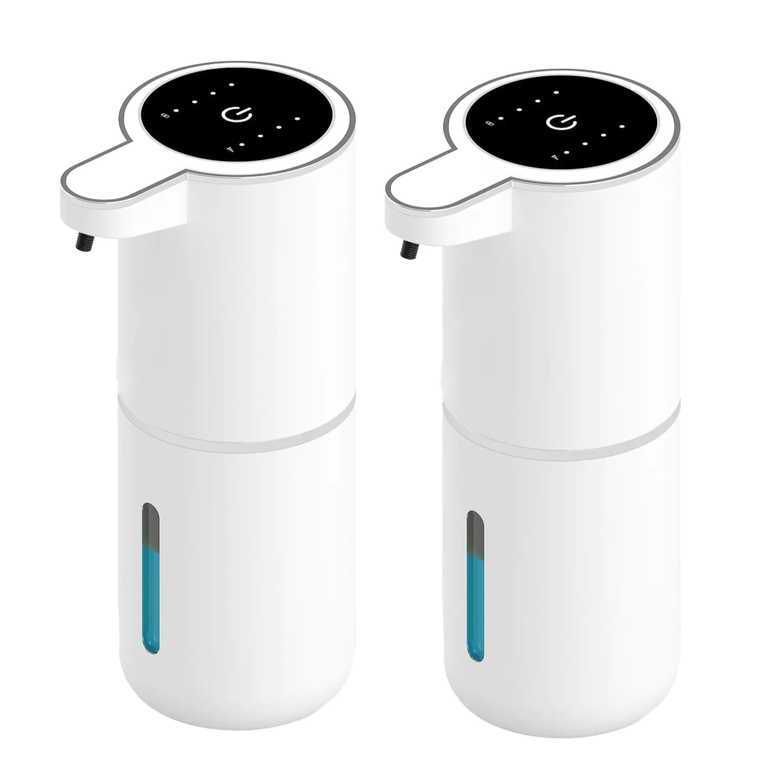 Pair of white touchless soap dispenser for bathroom with black sensor top and blue liquid window