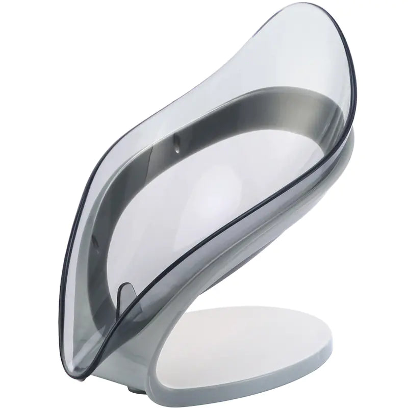 Transparent leaf soap holder with sleek curved design for modern bathroom organization