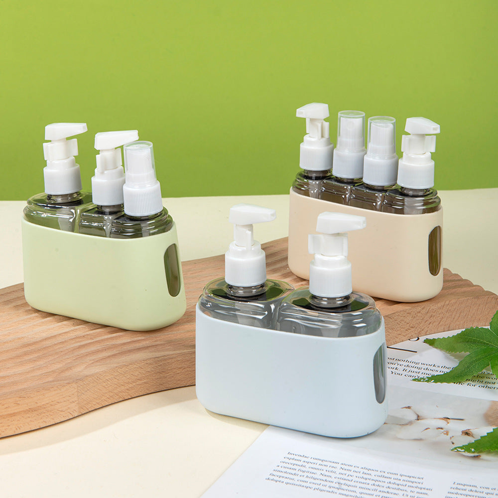 Shopi Vella leak-proof travel lotion containers in pastel green beige and blue with pump and spray bottles