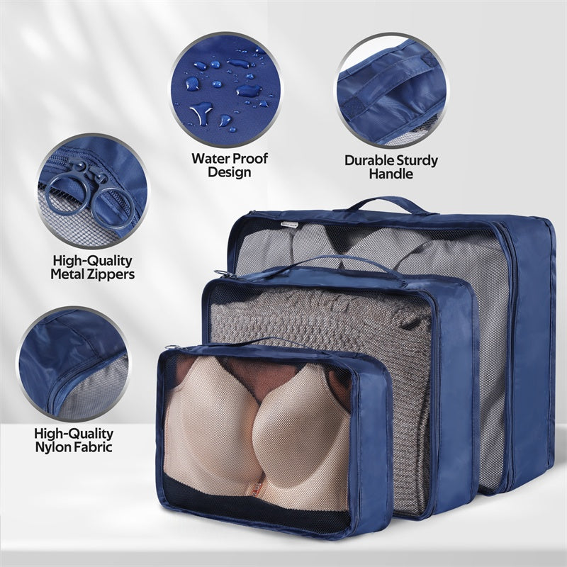 Shopi Vella waterproof travel storage organizer in navy blue with durable handles and metal zippers