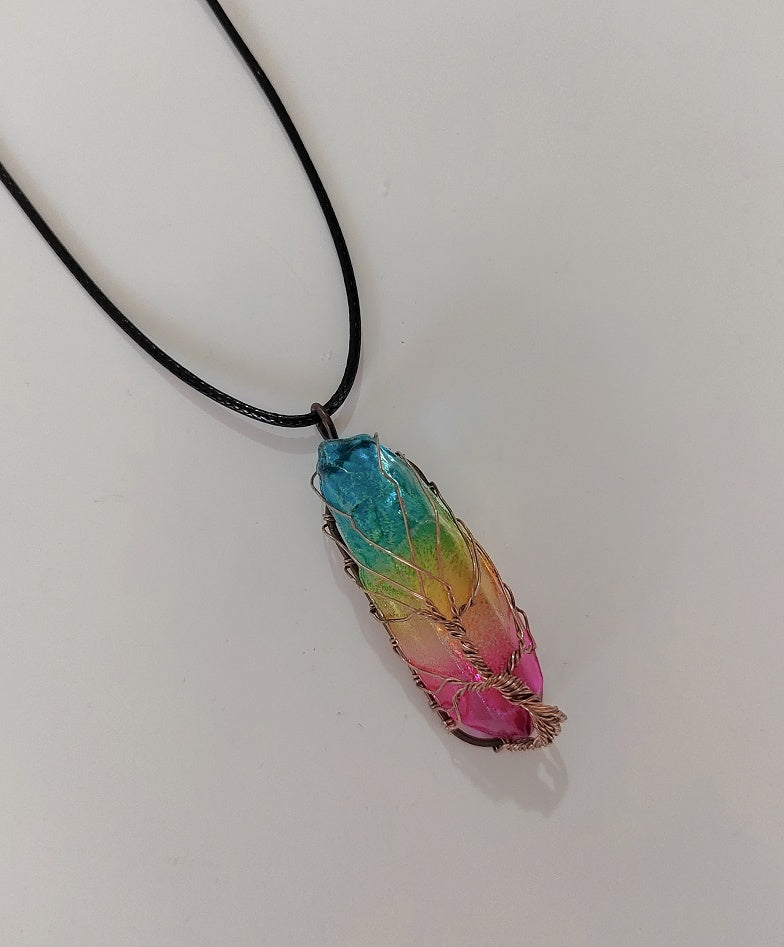 Shopi Vella tree of life crystal pendant necklace with multicolor stone wrapped in wire on black cord