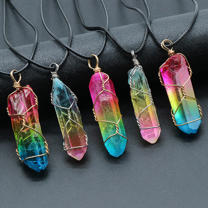 Shopi Vella tree of life crystal pendant necklace with multicolor wire-wrapped quartz crystals on black cords