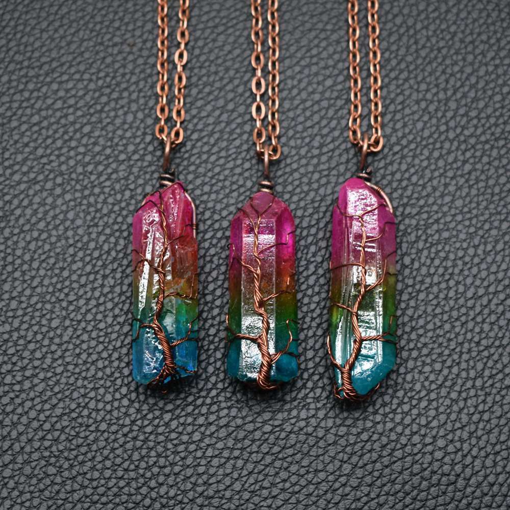 Shopi Vella tree of life crystal pendant necklace with colorful gradient crystals wrapped in copper wire