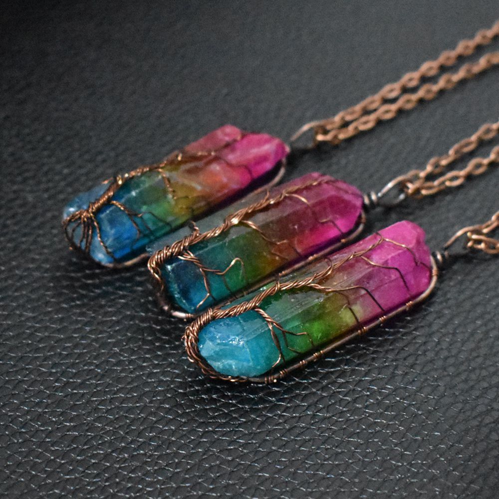 Shopi Vella tree of life crystal pendant necklace with colorful rainbow stones and copper wire wrapping
