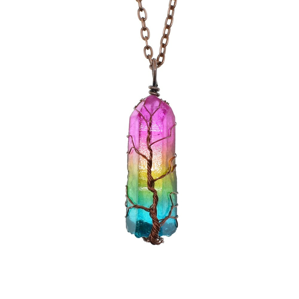 Shopi Vella tree of life crystal pendant necklace with rainbow colors and copper wire wrapping