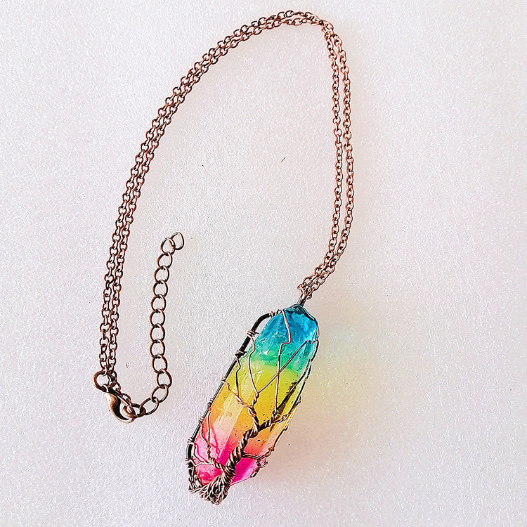 Shopi Vella tree of life crystal pendant necklace with rainbow-colored crystal and copper wire wrapping