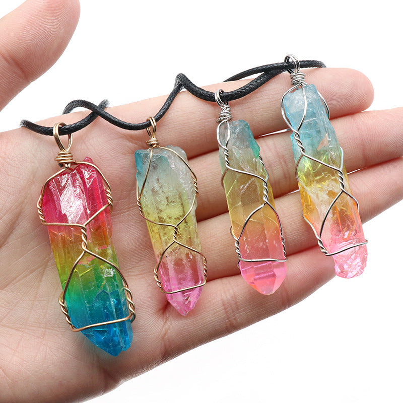 Shopi Vella tree of life crystal pendant necklace set with colorful wire wrapped natural crystals on black cords