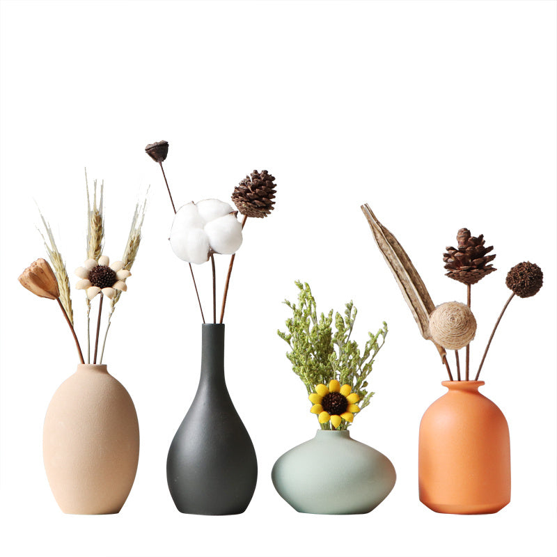 TV cabinet flower stand set with four decorative vases in beige black green and orange colors