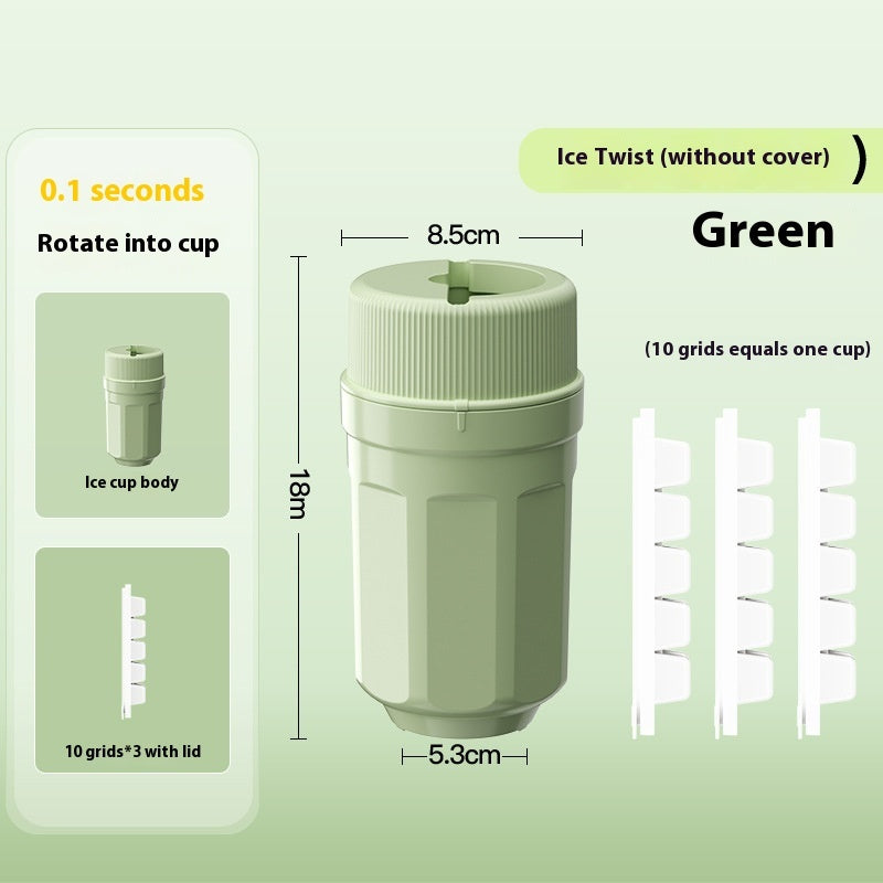 Green twisting ice cup mold for freezer by Shopi Vella with detailed measurements and grid components