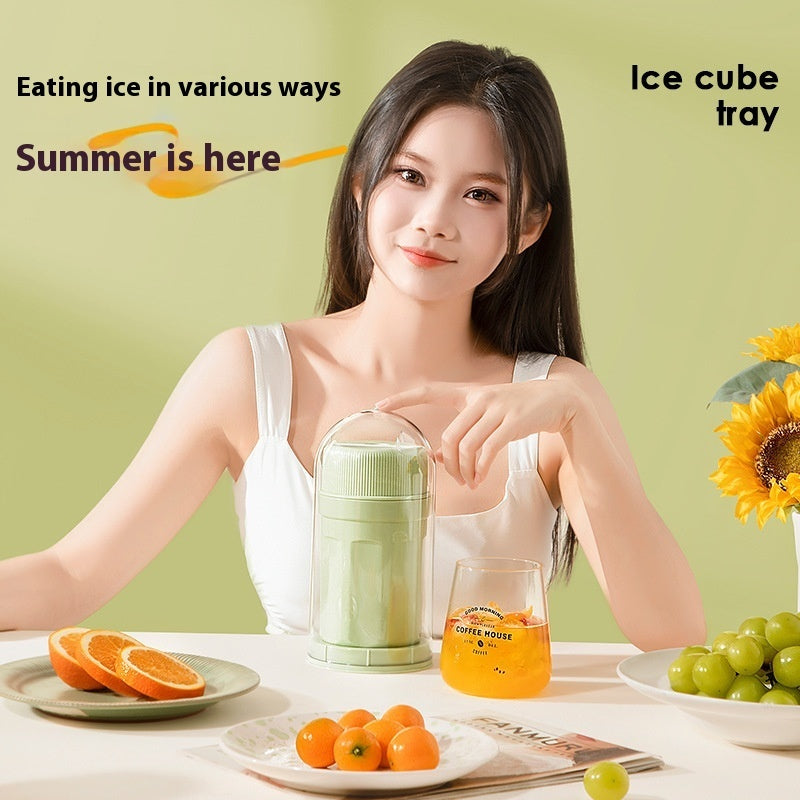 Woman using twisting ice cup mold for freezer with juice glass and fresh fruits on table