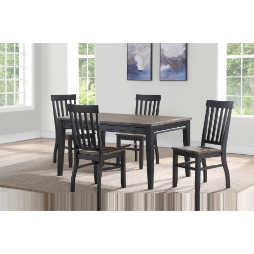 Shopi Vella two tone cottage dining table set with wooden tabletop and black chairs in a bright dining room