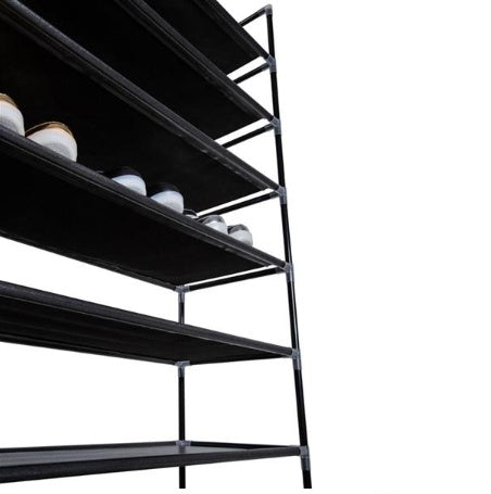Shopi Vella ultra wide shoe rack with multiple black shelves for efficient shoe storage