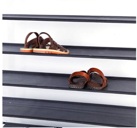 Shopi Vella ultra wide shoe rack with multiple black shelves holding pairs of sandals