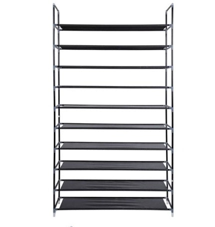 Shopi Vella ultra wide shoe rack with multiple black shelves for organized clothing and wardrobe storage