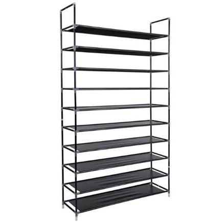Shopi Vella ultra wide shoe rack with multiple black shelves and metal frame for large shoe storage