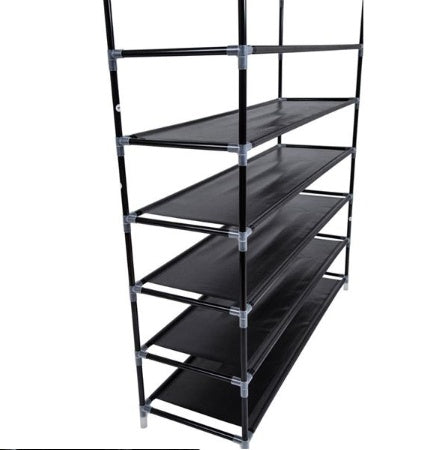 Shopi Vella black ultra wide shoe rack with multiple shelves for efficient clothing and wardrobe storage