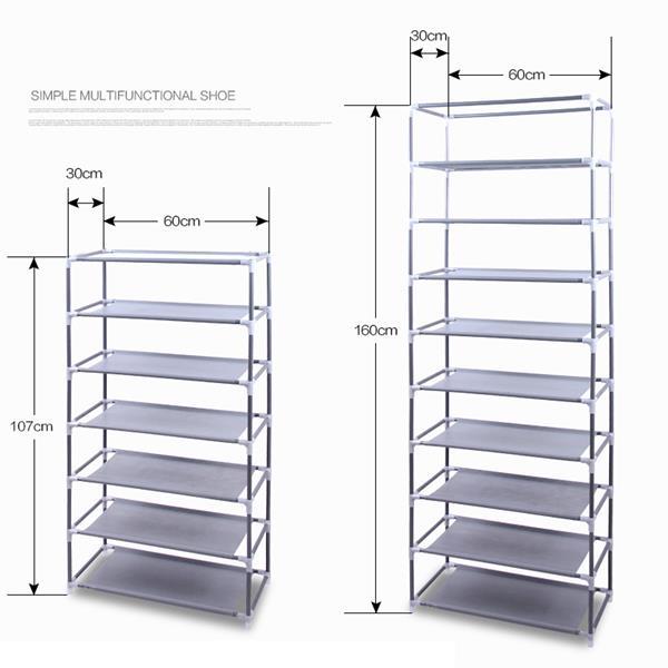 Shopi Vella 10 layer shoe cabinet with metal frame and fabric shelves shown with dimensions