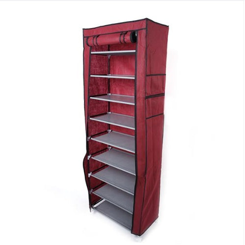 Shopi Vella 10 layer shoe cabinet with red fabric cover and multiple shelves for footwear storage