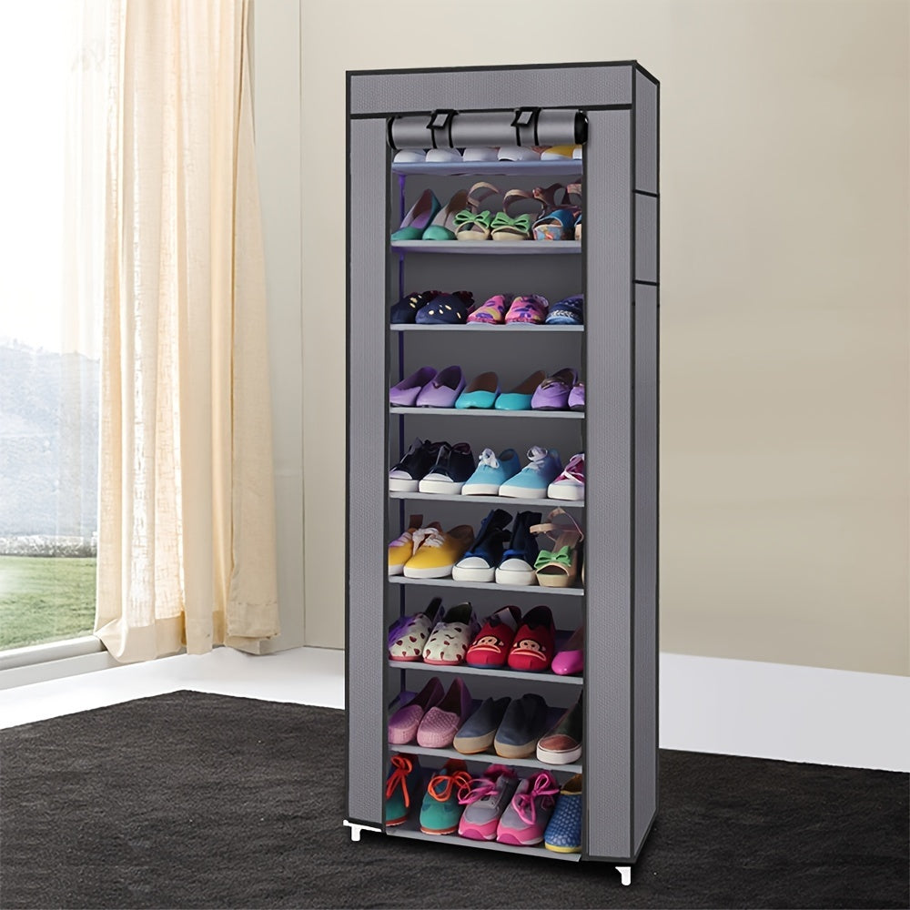 Shopi Vella 10-layer shoe cabinet with dust cover in gray fabric storage rack holding multiple pairs of shoes