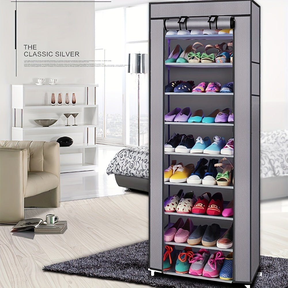 Shopi Vella 10-layer shoe cabinet with dust cover in silver standing in modern bedroom