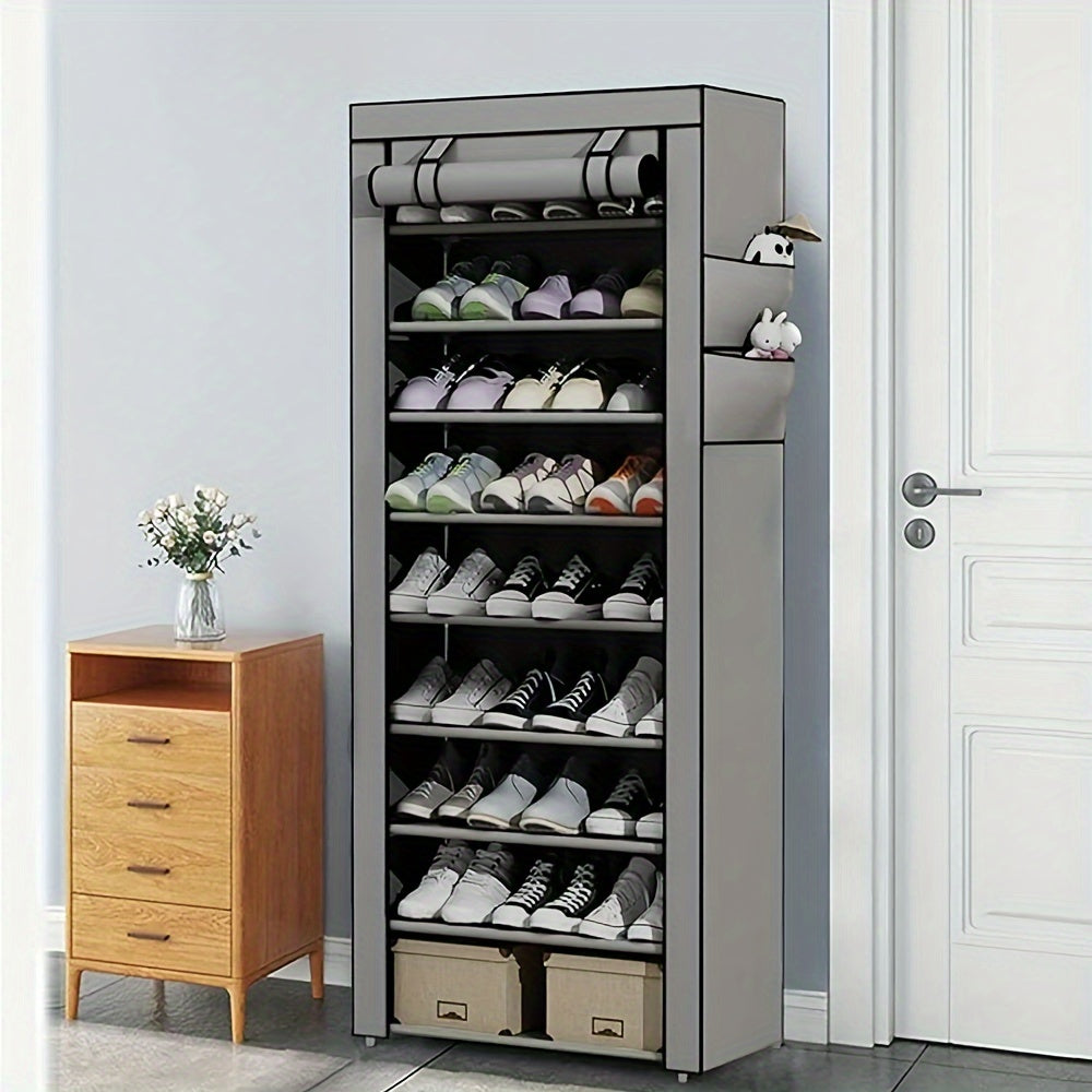 Shopi Vella 10-layer shoe cabinet with dust cover storage rack holding multiple pairs of shoes in a hallway