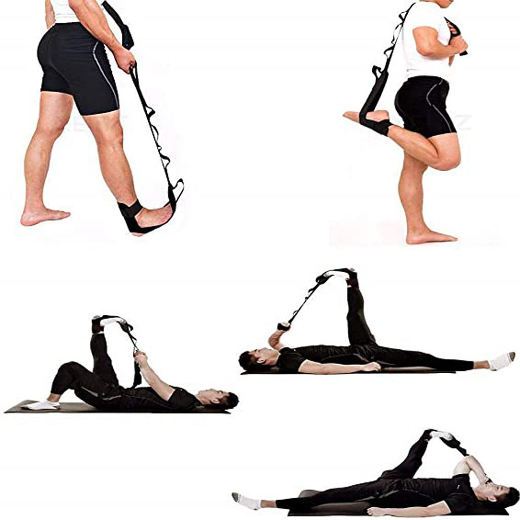 Leg stretching strap for physical therapy shown in use with different leg exercises for flexibility