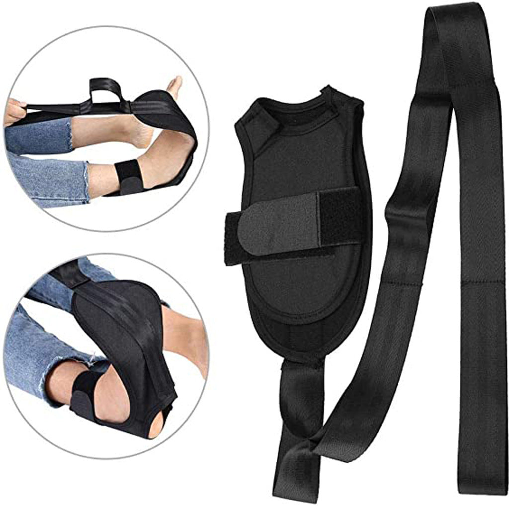 Black leg stretching strap for physical therapy with adjustable support and foot loop for home therapy use