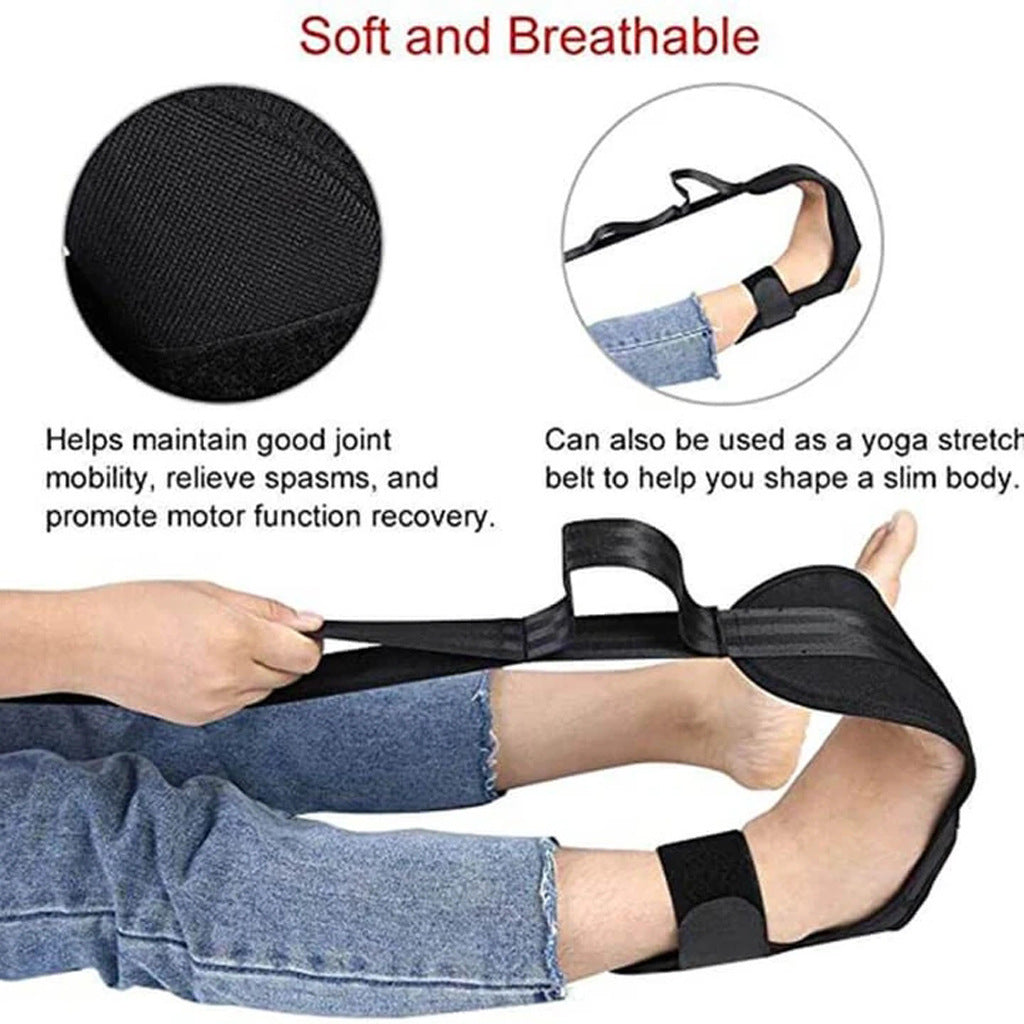 Leg stretching strap for physical therapy made of soft breathable material with adjustable straps for joint mobility