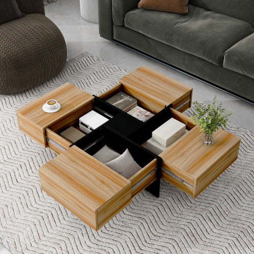 Shopi Vella unique design coffee table with wooden drawers and black metal frame on patterned rug
