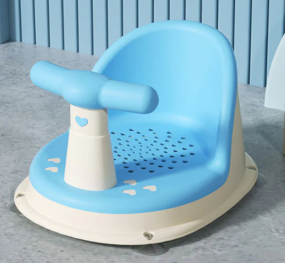 Blue and white universal baby bath seat with safety handle and drainage holes for secure bathing