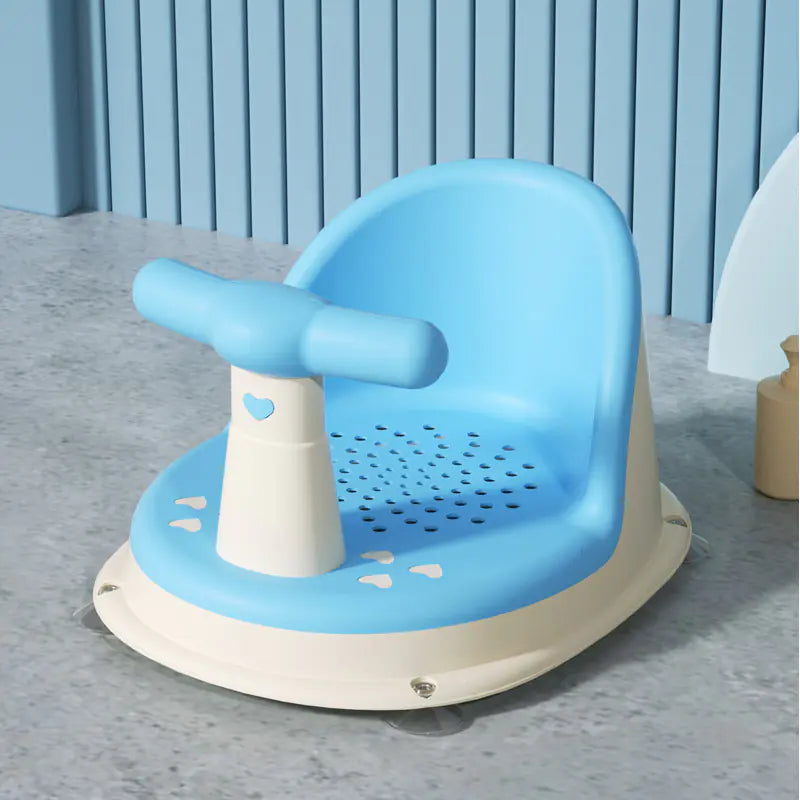 Blue and white universal baby bath seat with safety handle and ventilated seat base