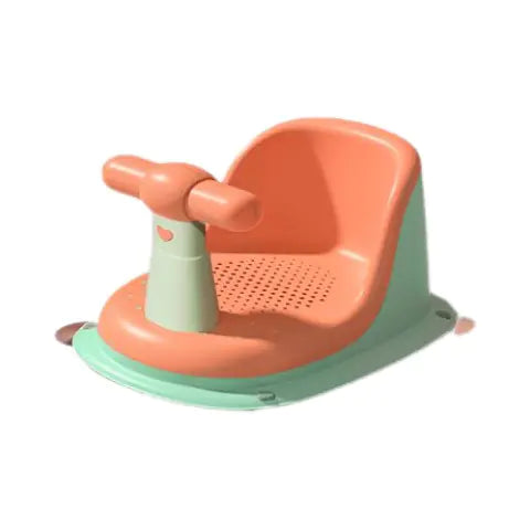 Universal baby bath seat in orange and green with safety handle and suction cups for secure fit