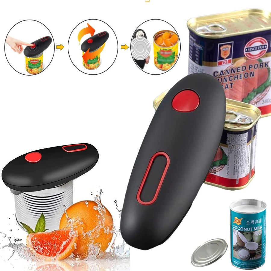 Black and red portable kitchen opener tool with easy can opening mechanism displayed with canned food