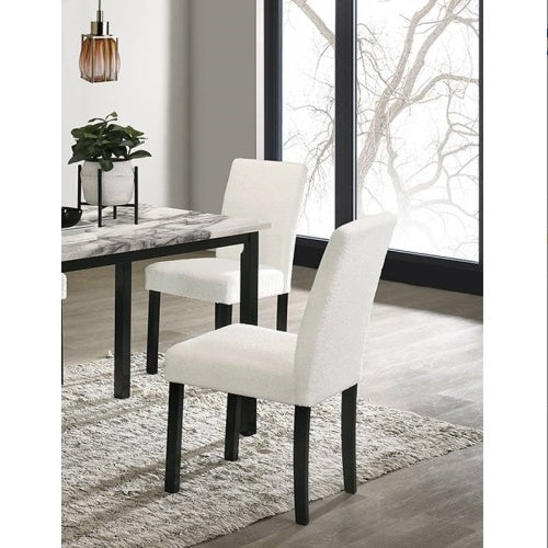 Shopi Vella upholstered dining room table set with marble top table and white fabric chairs