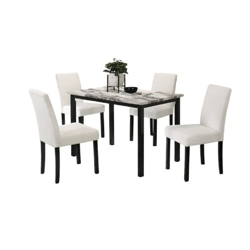 Shopi Vella upholstered dining room table set with marble top table and four white upholstered chairs