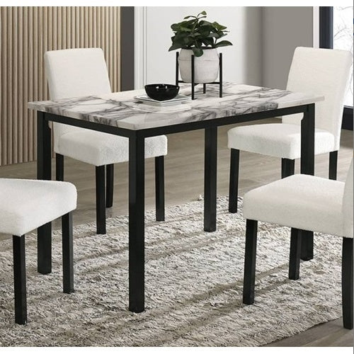 Shopi Vella upholstered dining room table set with marble top and white upholstered chairs