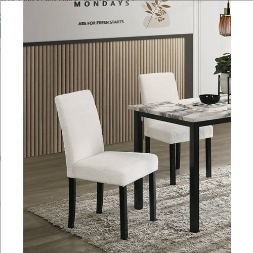 Shopi Vella upholstered dining room table set with white fabric chairs and black marble table top