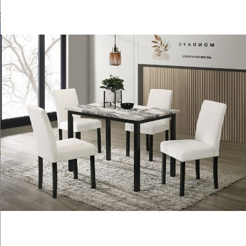 Shopi Vella upholstered dining room table set with marble top and white upholstered chairs on gray rug