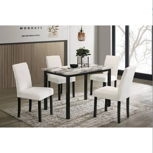 Shopi Vella upholstered dining room table set with marble top and white cushioned chairs