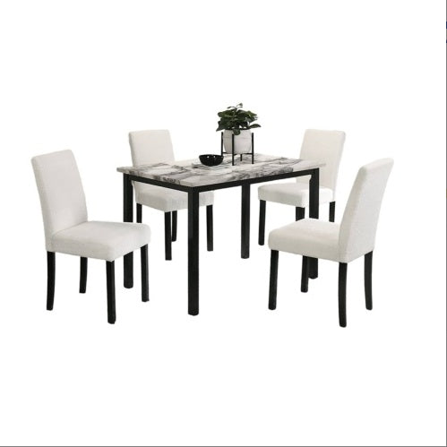 Shopi Vella upholstered dining room table set with white cushioned chairs and marble top table