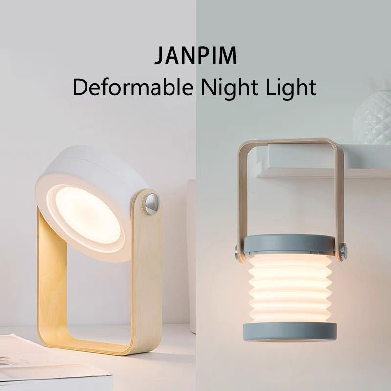 USB rechargeable lantern for home decor shown as a deformable night light in two modern designs