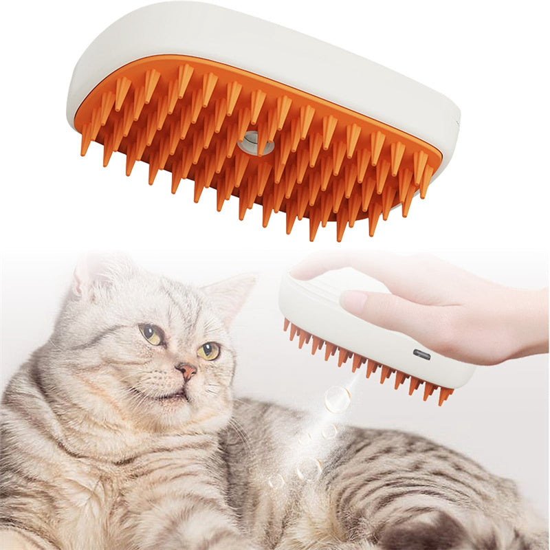 Shopi Vella USB rechargeable pet brush with orange silicone bristles used on gray tabby cat