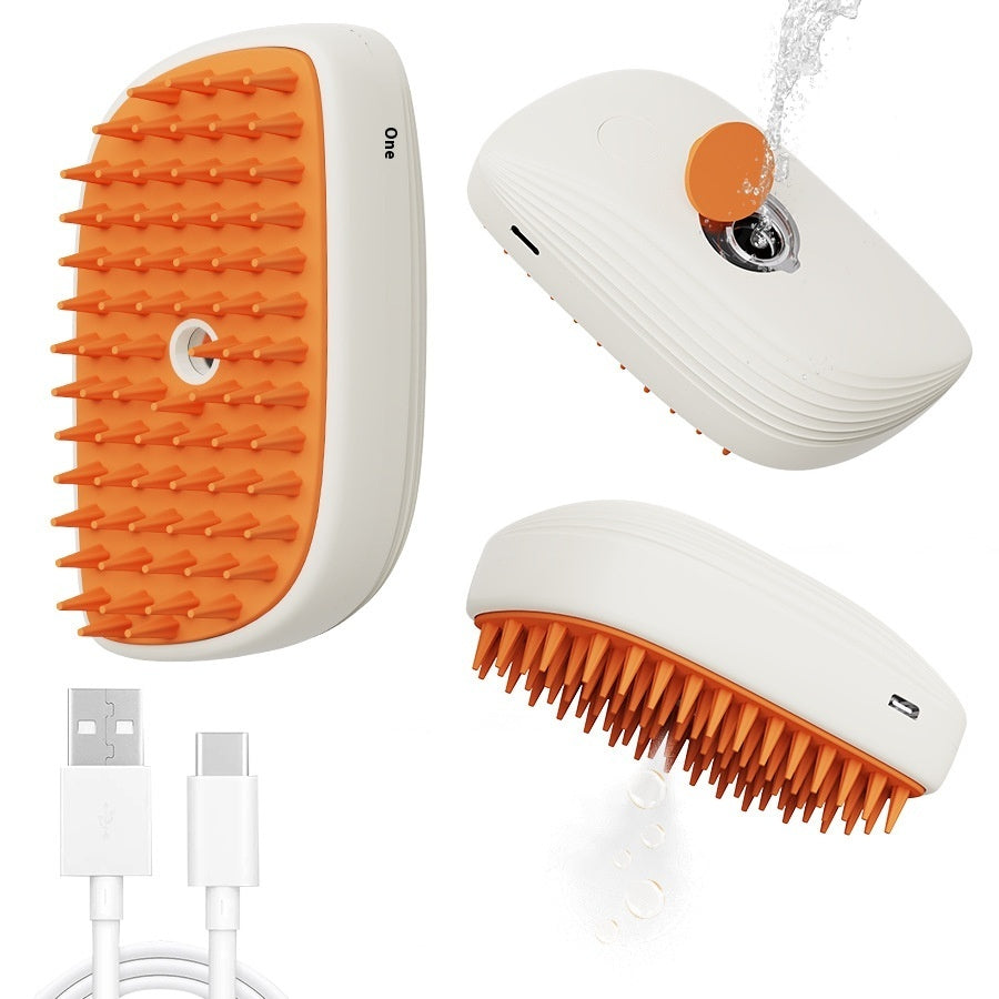 Shopi Vella USB rechargeable pet brush with orange silicone bristles and USB charging cable