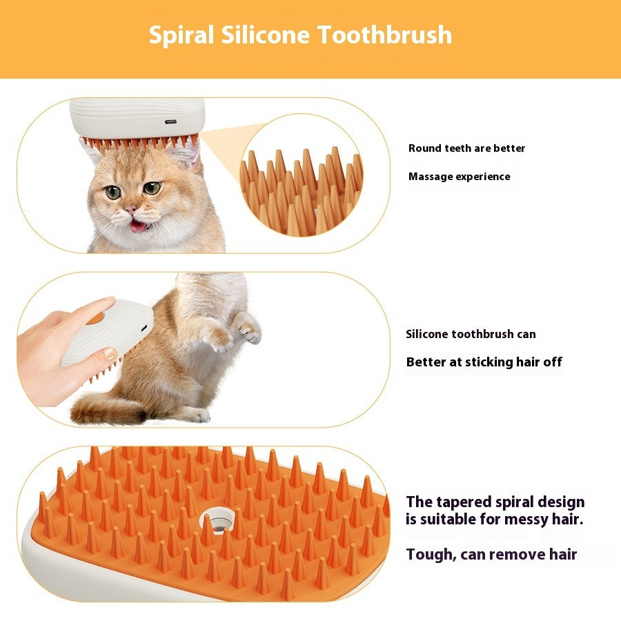 USB rechargeable pet brush with spiral silicone bristles for gentle massage and effective hair removal on cats